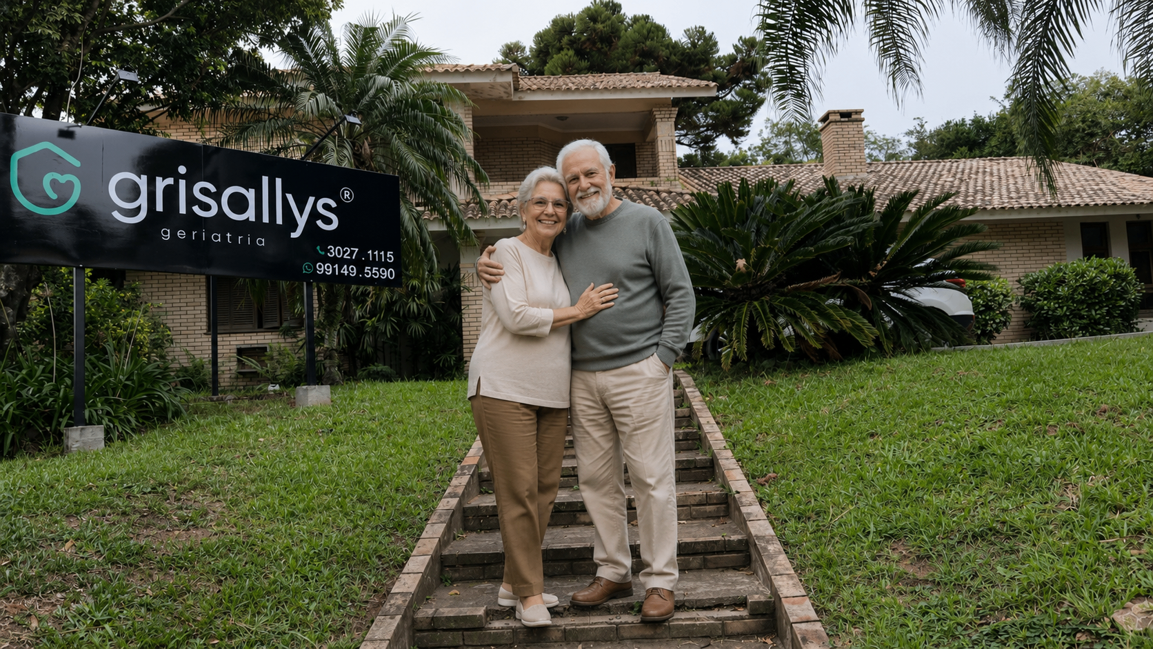 Idosa sorrindo em jardim sofisticado da Clínica Grisallys